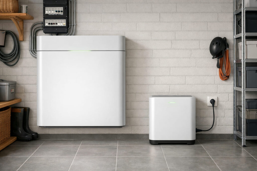 Geïntegreerde thuisbatterij en plug-in thuisbatterij naast elkaar in een garage